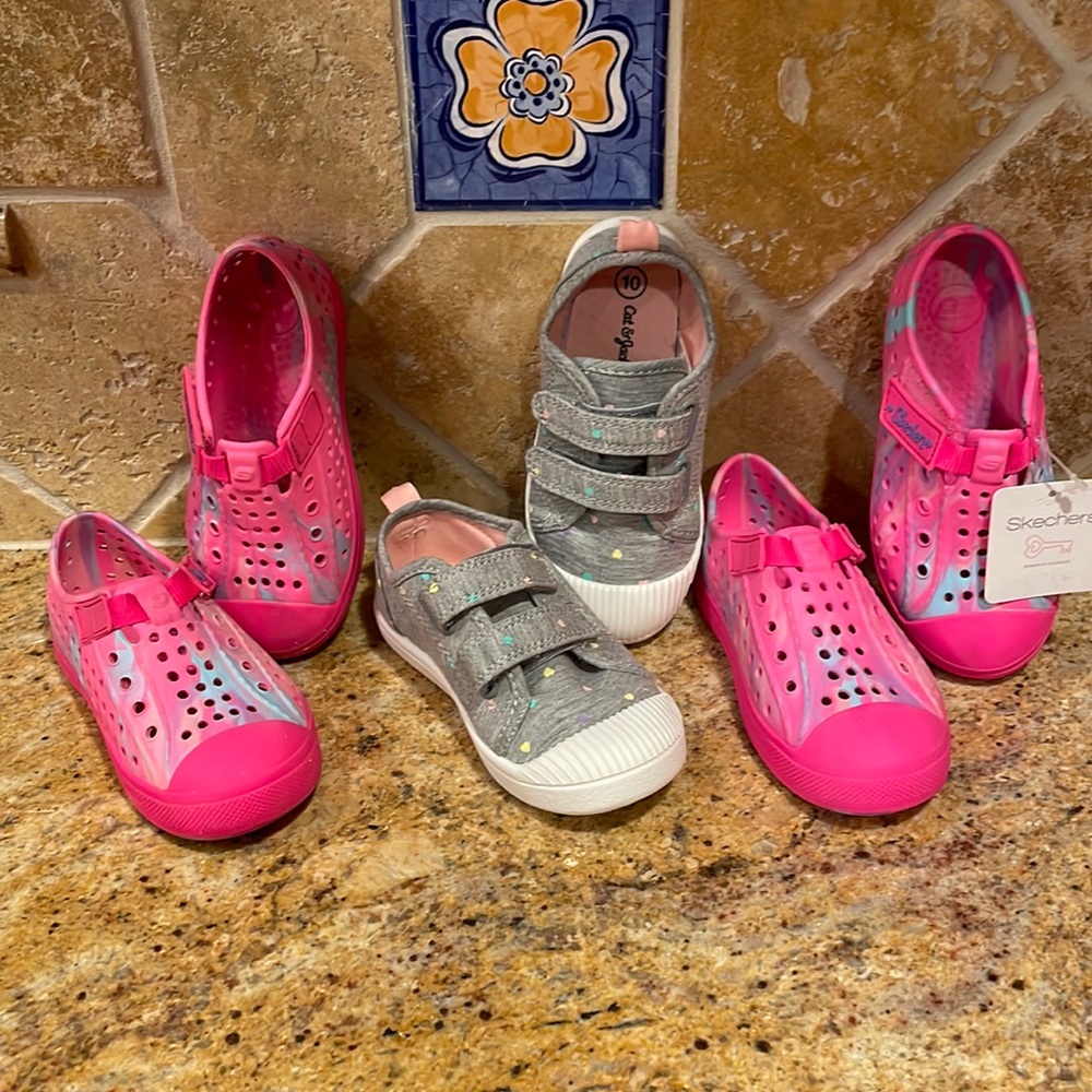 Bundle of toddler shoes. Two pairs of Skechers Guzman and one Cat and Jack
